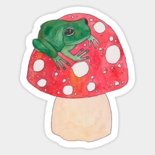 Green frog on red mushroom fly agaric Sticker